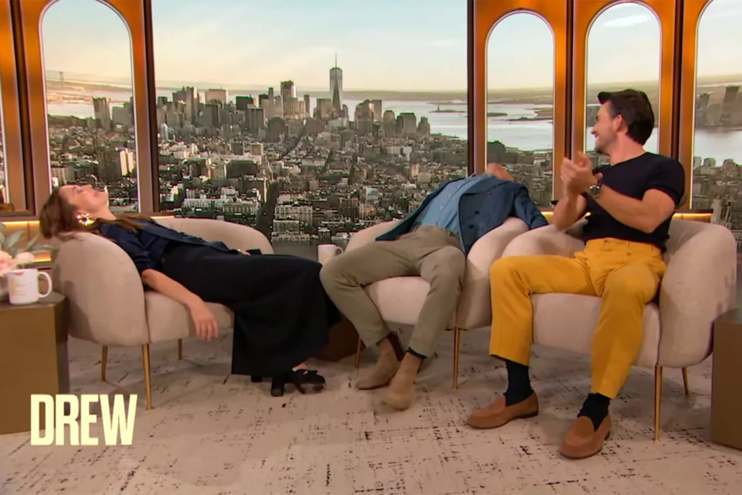 Drew Barrymore on her show with Matt Bomer and Jonathan Bailey