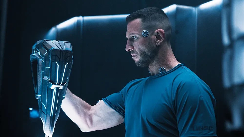 Pablo Schreiber as Master Chief in a still from Halo 