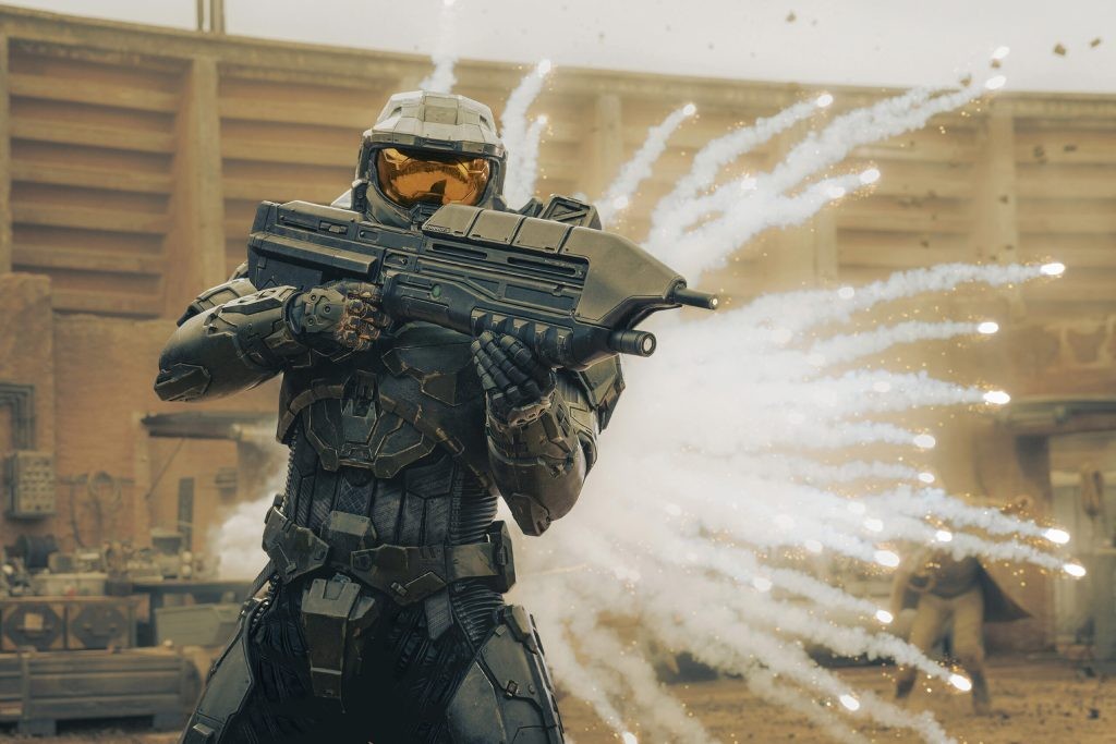 Pablo Schreiber as Master Chief in a still from "Halo."