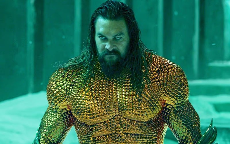 Jason Momoa fully clad in his armour and looking angry in Aquaman and the Lost Kingdom
