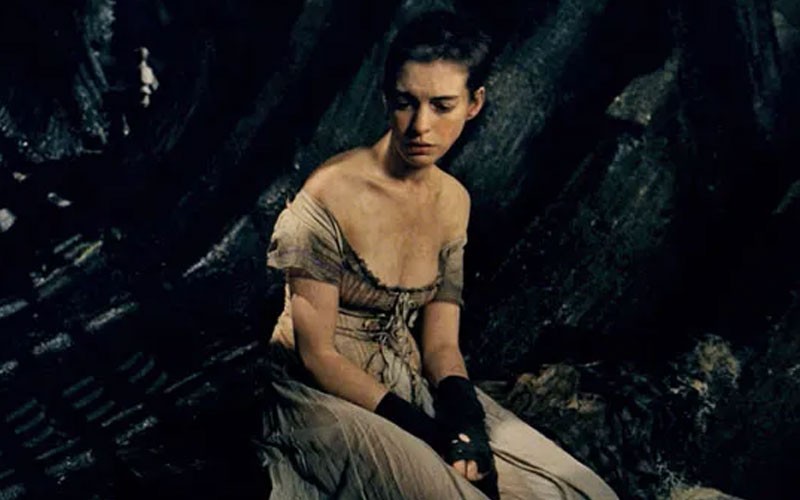 Anne Hathaway is absolutely mortified in this scene from Les Miserables