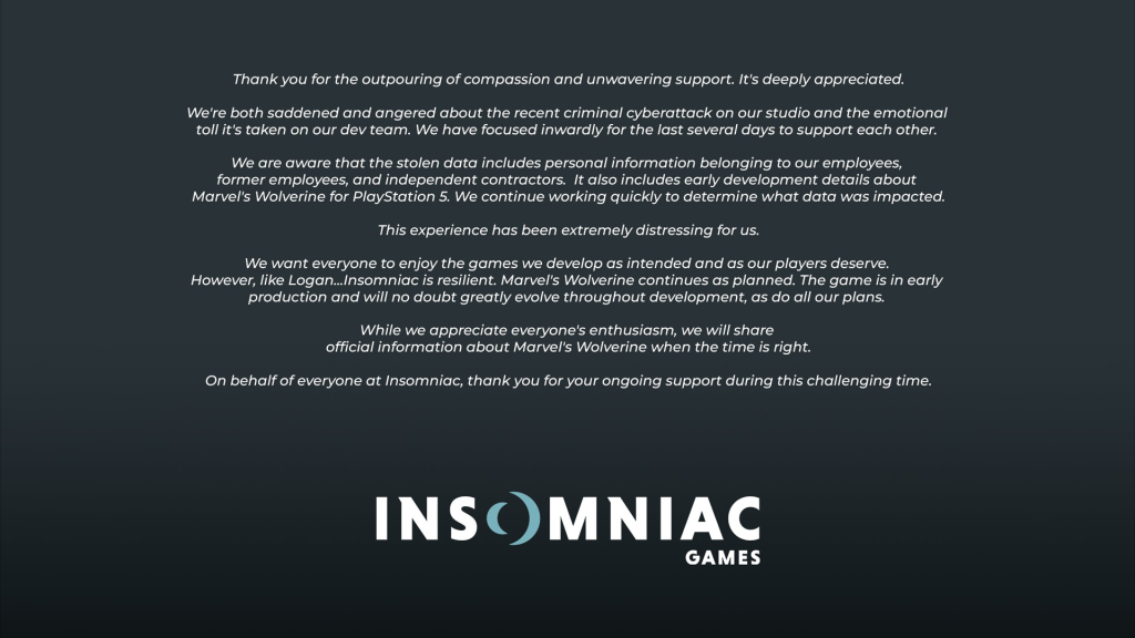 Insomniac Games' official statement regarding the cyberattack