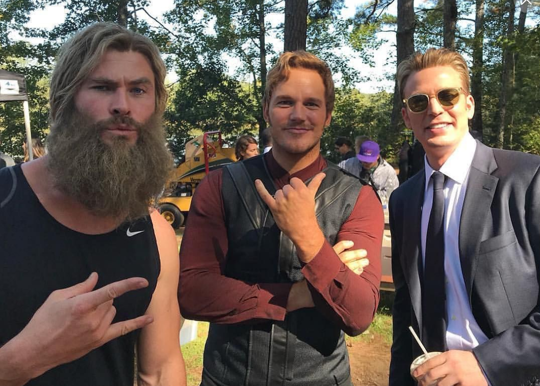 Chris Evans, Chris Pratt, and Chris Hemsworth on the set of Avengers: Endgame (2019)