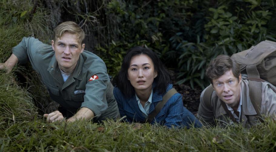 Wyatt Russell, Mari Yamamoto, and Anders Holm in <em>Monarch: Legacy of Monsters</em>