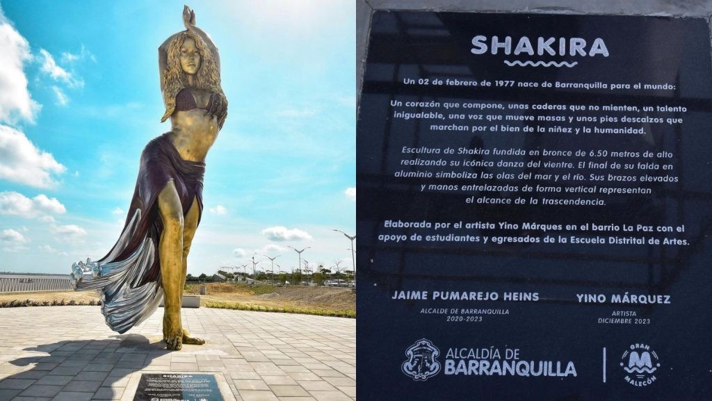 Shakira statue with the dedication slate.