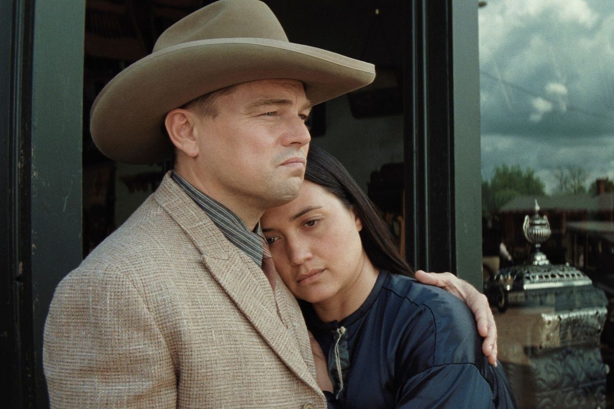 Leonardo DiCaprio and Lily Gladstone in a scene from Killers of the Flower Moon