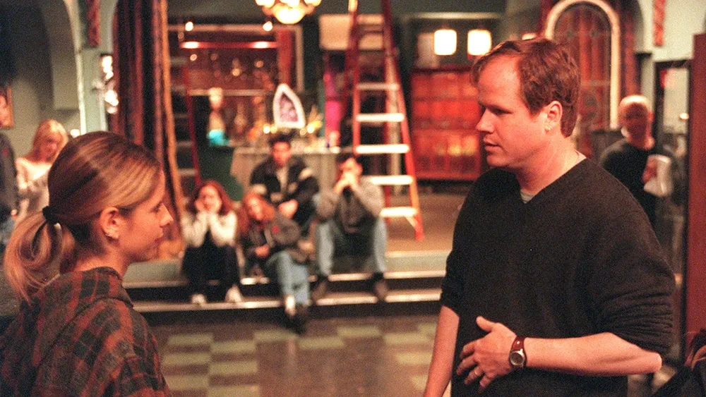 Joss Whedon and Sarah Michelle Gellar on the set of Buffy the Vampire Slayer series