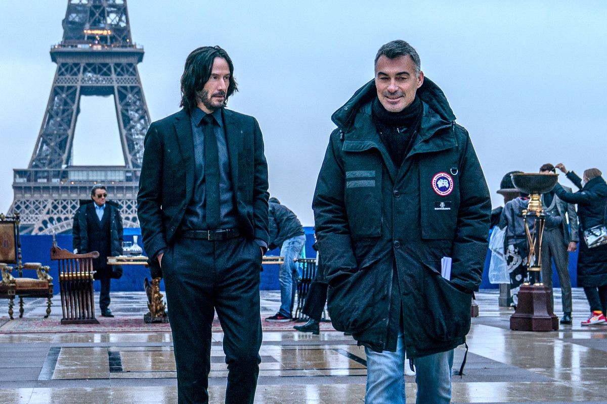 Chad Stahelski and Keanu Reeves on the set of John Wick Chapter 4