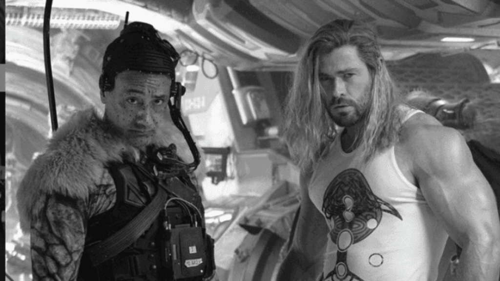 Taika Waititi and Chris Hemsworth in Thor: Love and Thunder