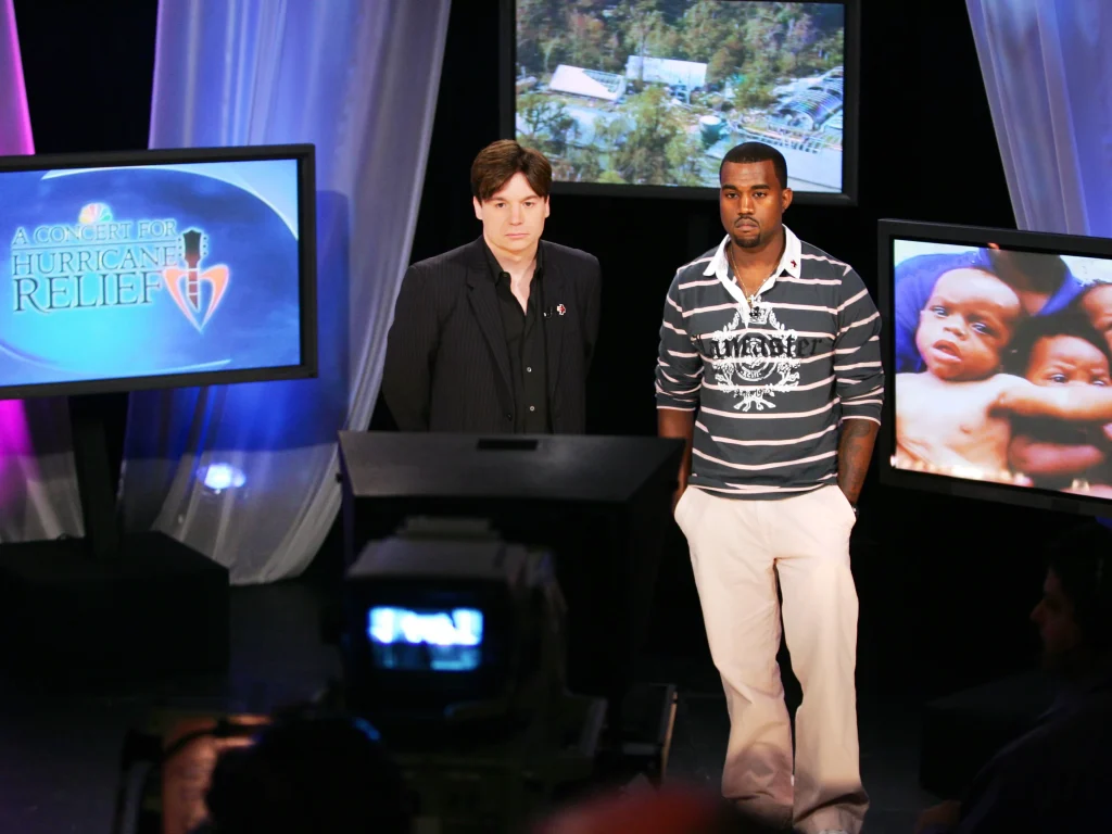 Mike Myers and Kanye West during the Hurricane Relief progarm 