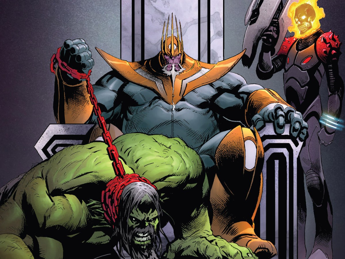 King Thanos, his feral Hulk, and Cosmic Ghost Rider