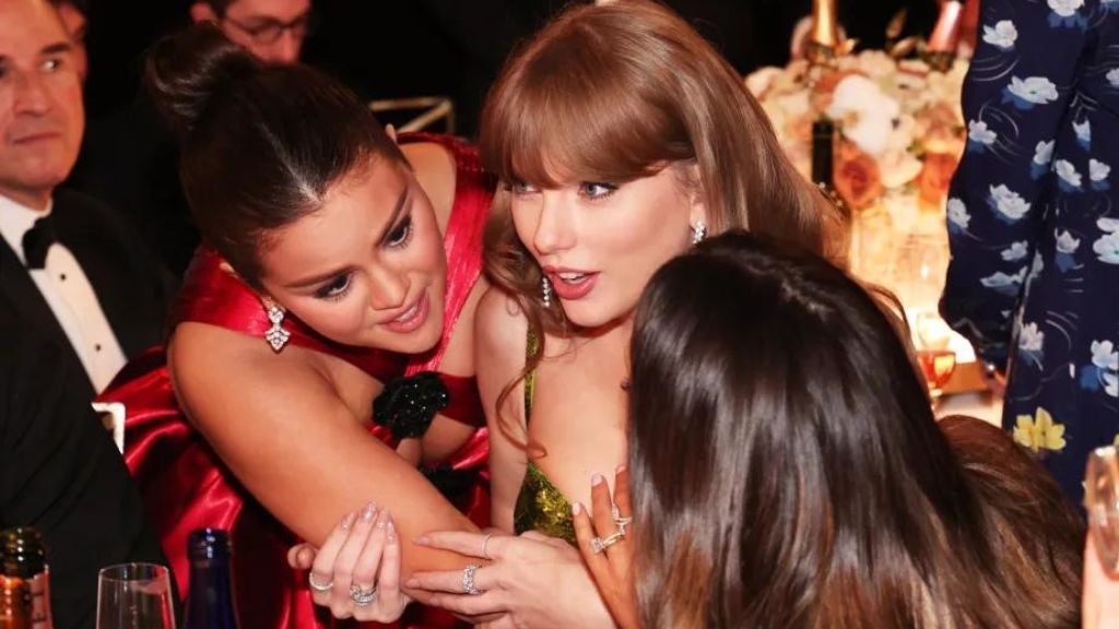 Taylor Swift with Selena Gomez and Keleigh Sperry [ Christopher Polk/Golden Globes 2024 ]