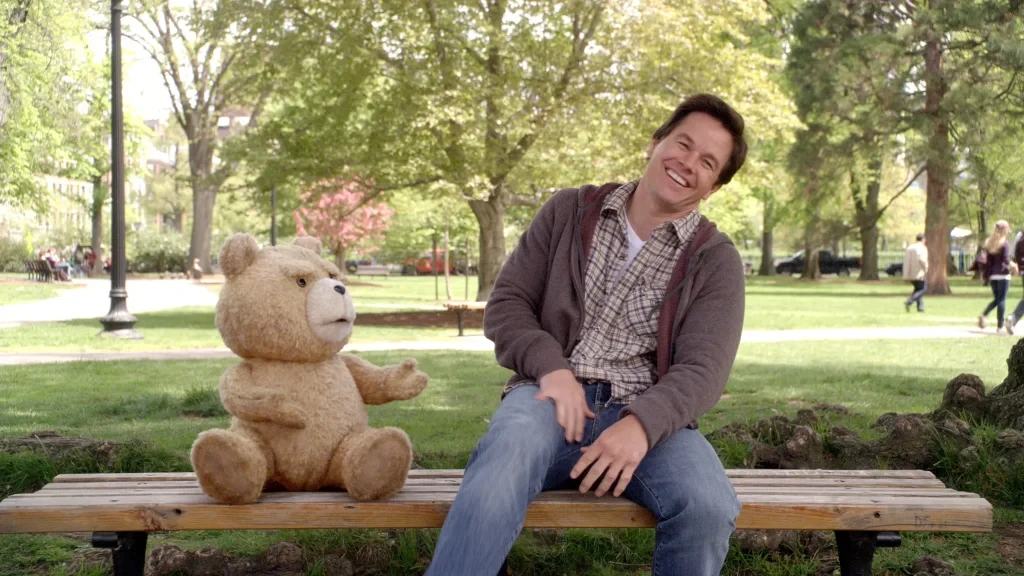 Seth MacFarlane (as Ted) and Mark Wahlberg in a still from Ted 
