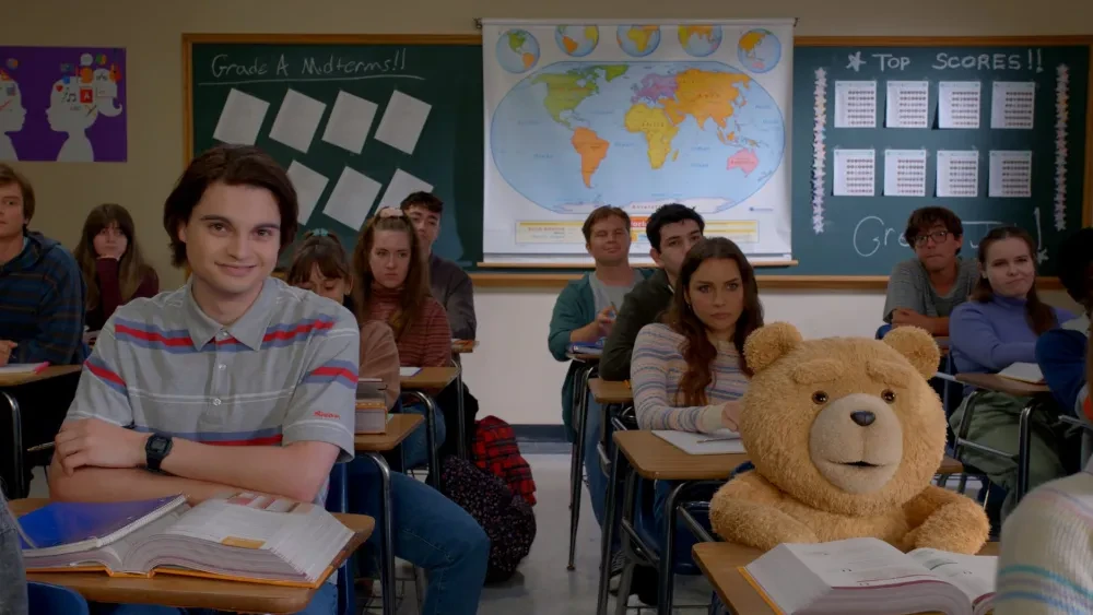 Max Burkholder and Seth MacFarlane in a still from Ted 