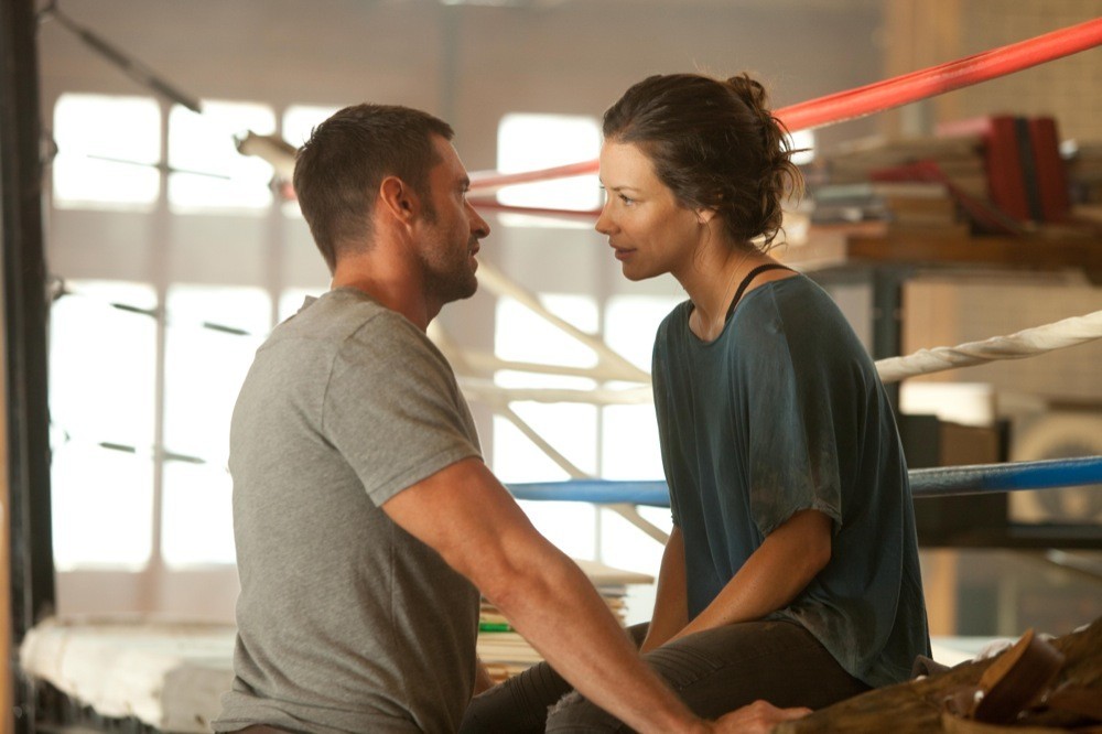 Hugh Jackman with Evangeline Lilly on Real Steel