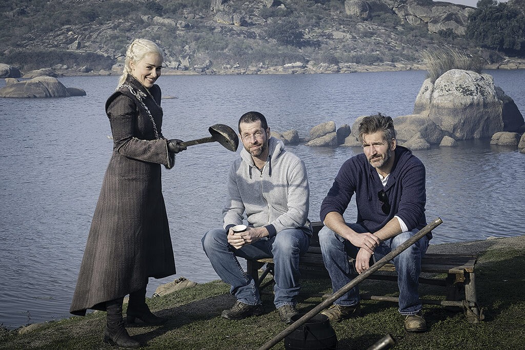 David Benioff and D. B. Weiss on the set of Game of Thrones with Emilia Clarke