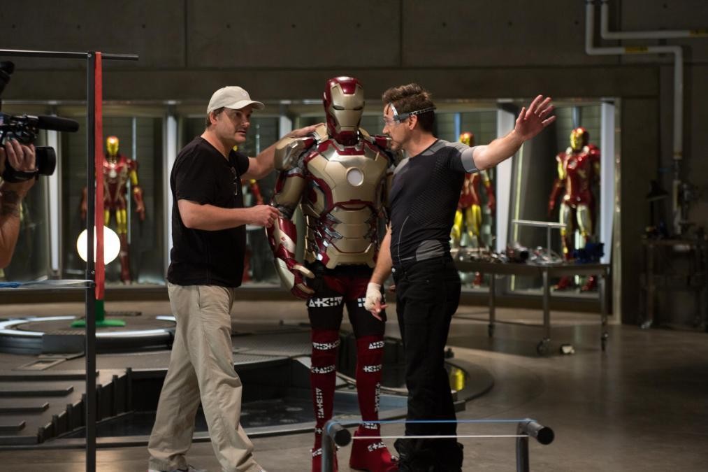 Shane Black and Robert Downey Jr. on the sets of Iron Man 3