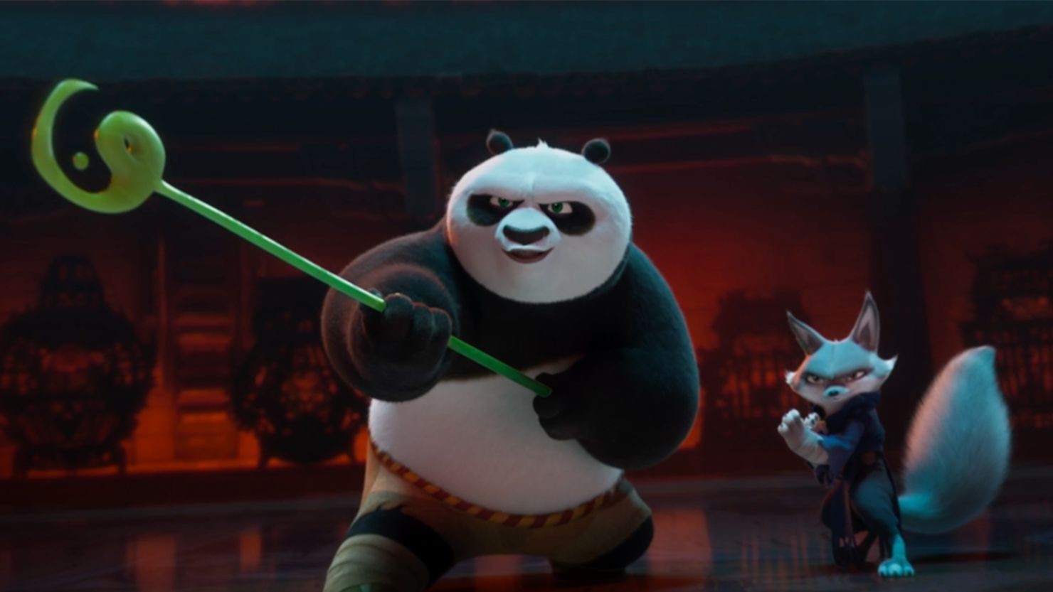 Jack Black's Po and Awkwafina's Zhen in Kung Fu Panda 4