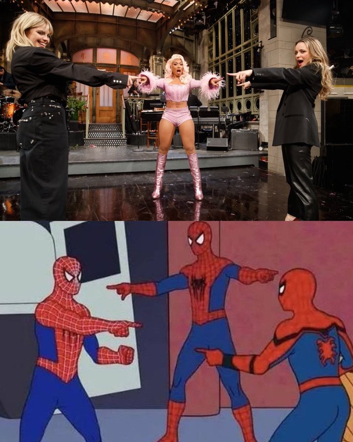 Rapp, Stallion, and McAdams recreating the Spider-Man meme