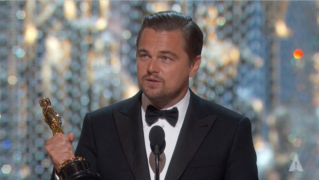 Leonardo DiCaprio receiving his Oscar for The Revenant