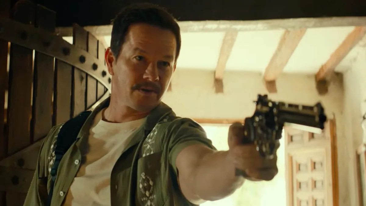 mark wahlberg's victor sullivan with the mustache at uncharted post credit scene