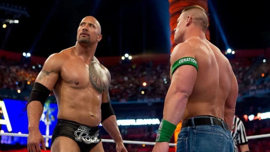 A still from The Rock and John Cena's WrestleMania 28 match | Image via WWE