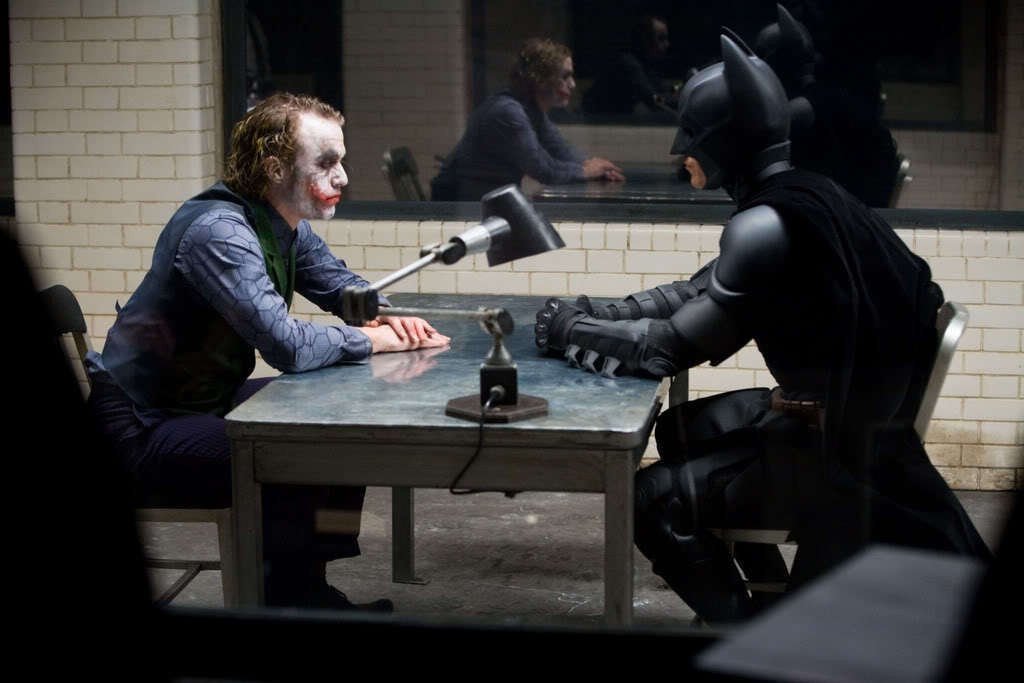Christian Bale as Batman and Heath Ledger as Joker in Christopher Nolan's The Dark Knight