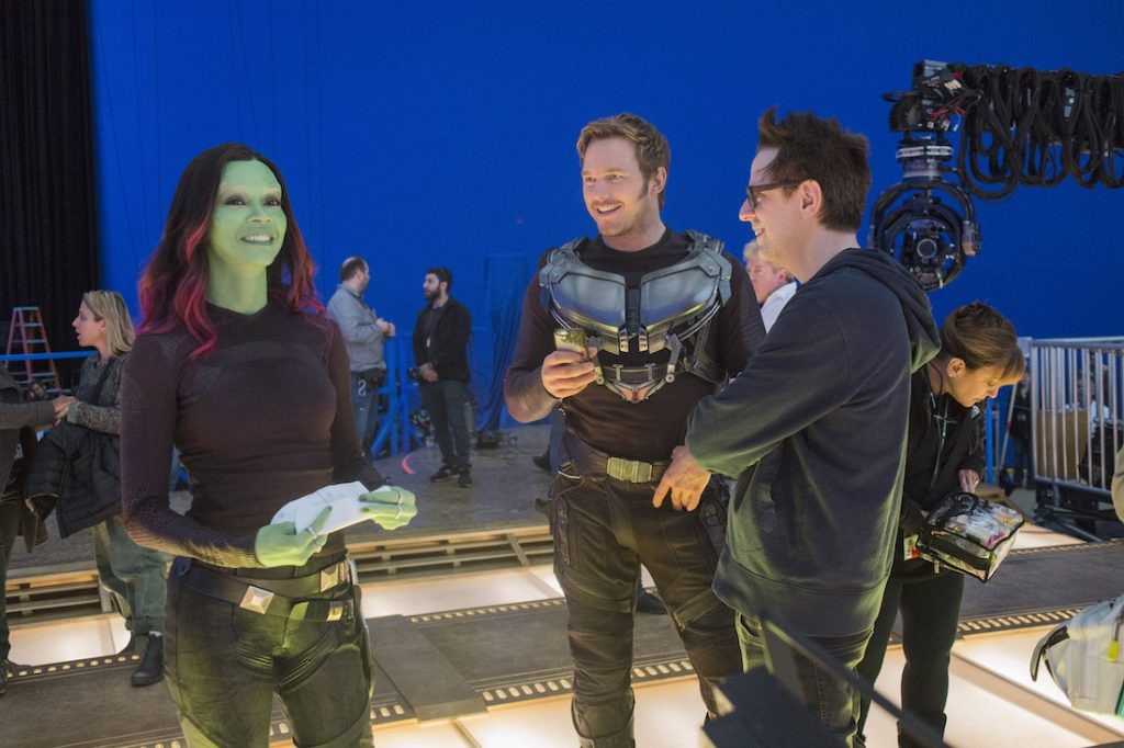 Zoe Saldaña with James Gunn and Chris Pratt on the set of Guardians of the Galaxy