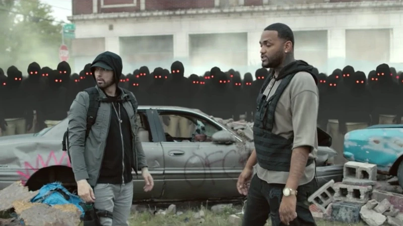 Eminem and Joyner Lucas in a still from their music video Lucky You 