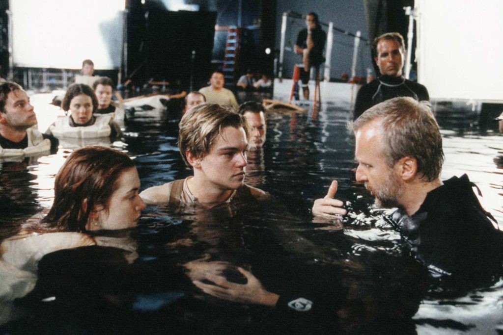James Cameron, Kate Winslet and Leonardo DiCaprio on the sets of Titanic 