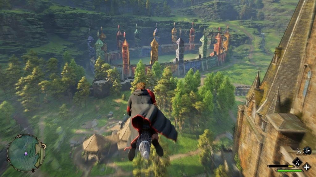 A character exploring the Hogwarts Legacy open world on a flying broomstick.
