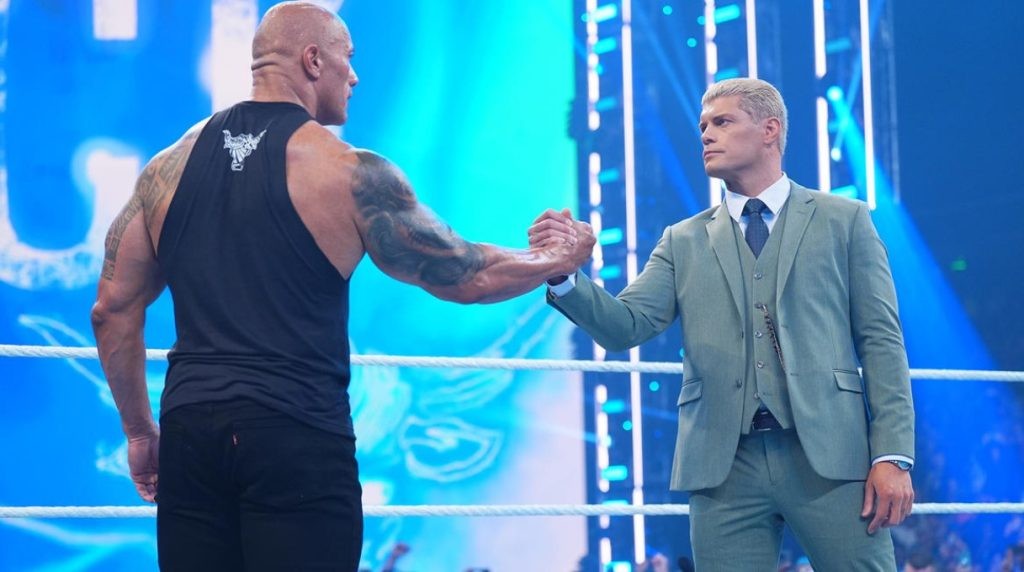 Dwayne Johnson/The Rock and Cody Rhodes. Credit: WWE, SmackDown, Feb. 2, 2024