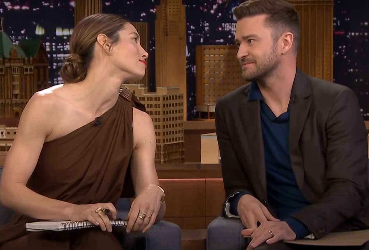 Justin Timberlake and Jessica Biel making an appearance on The Tonight Show Starring Jimmy Fallon