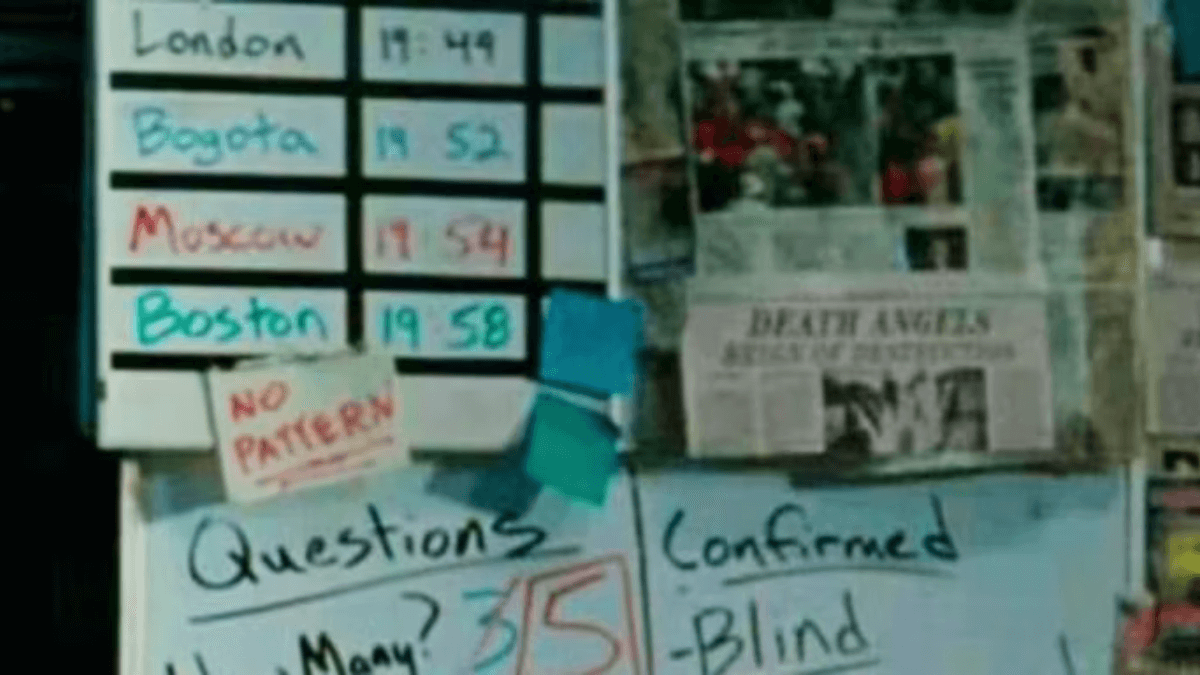 The whiteboard in A Quiet Place containing the locations and times of the alien attack