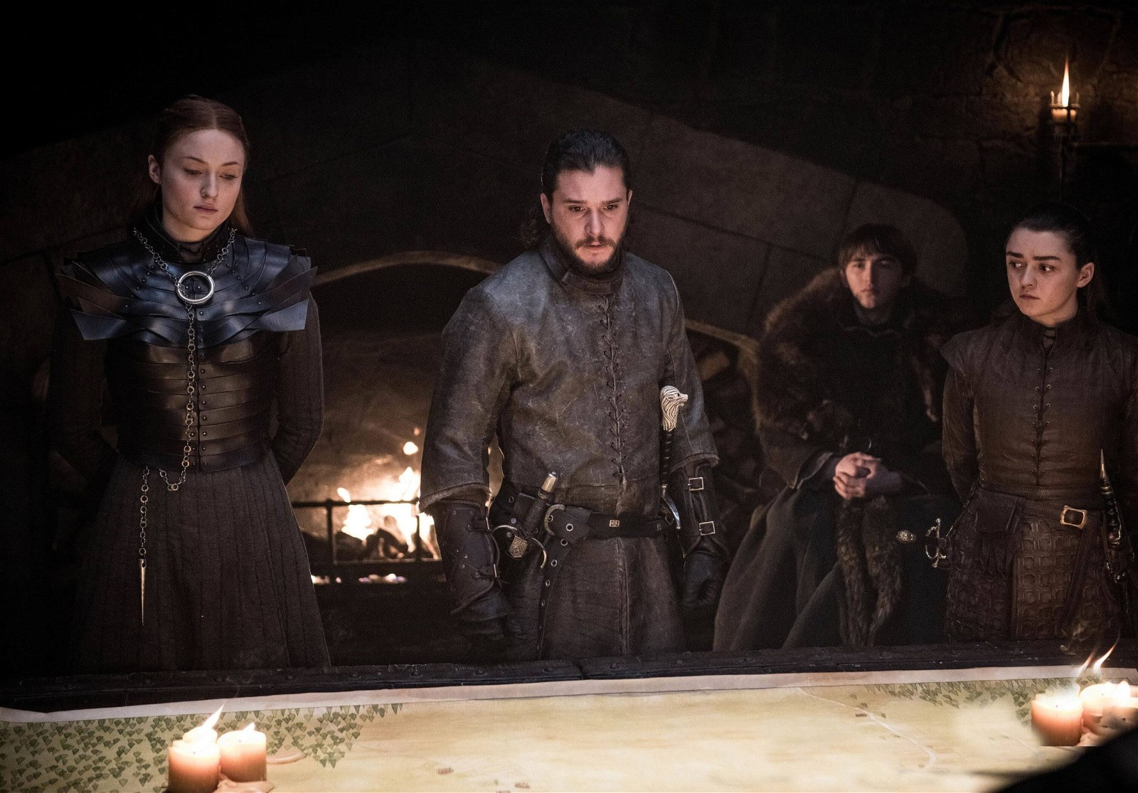 Sophie Turner and Kit Harington with Maisie Williams and Isaac Hempstead-Wright in Game of Thrones