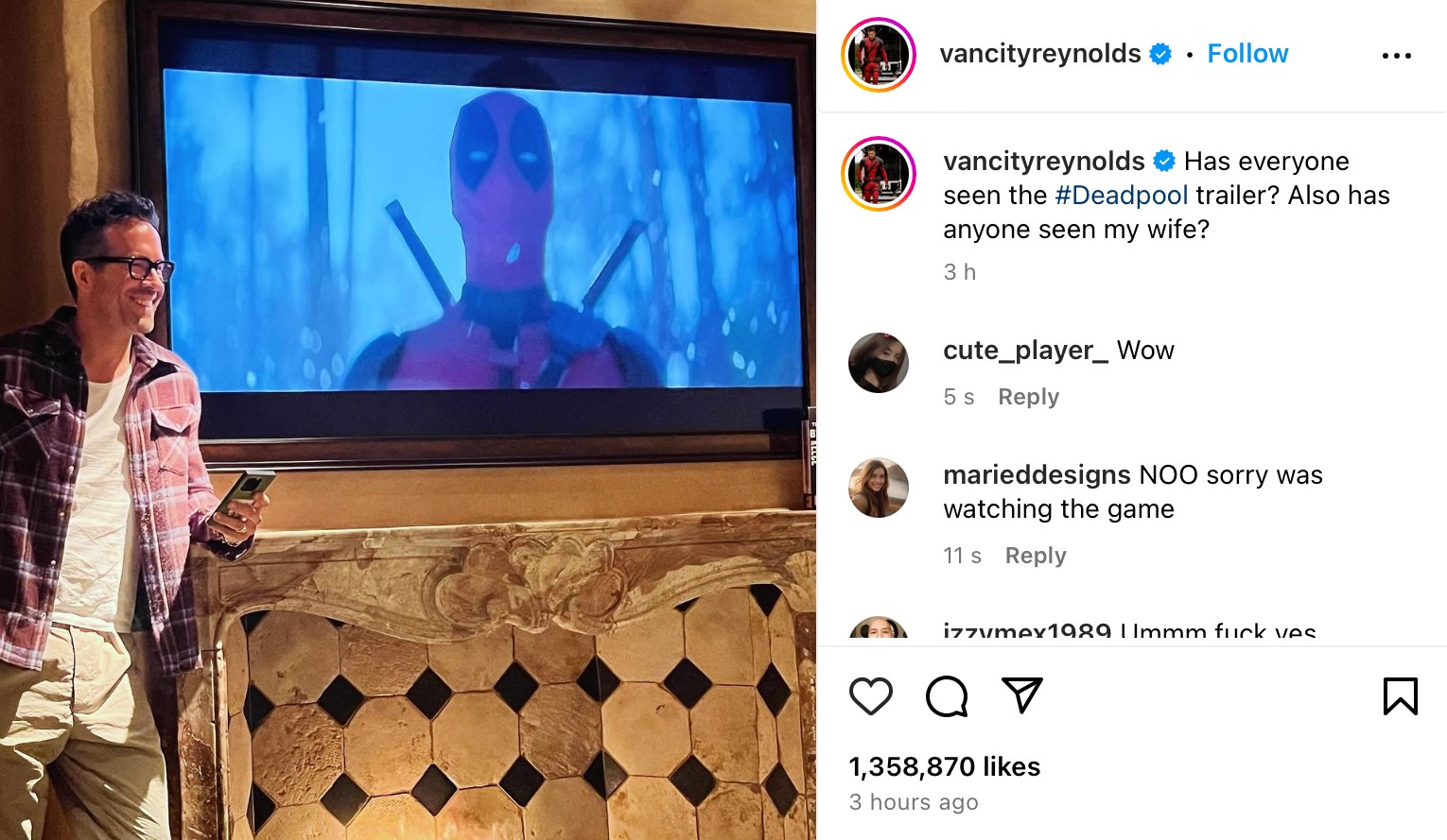 Ryan Reynolds shared via Instagram | image: Instagram/@vancityreynolds