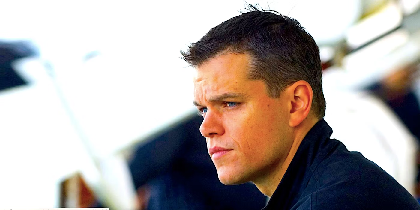 Matt Damon as Jason Bourne looking ahead in this scene 