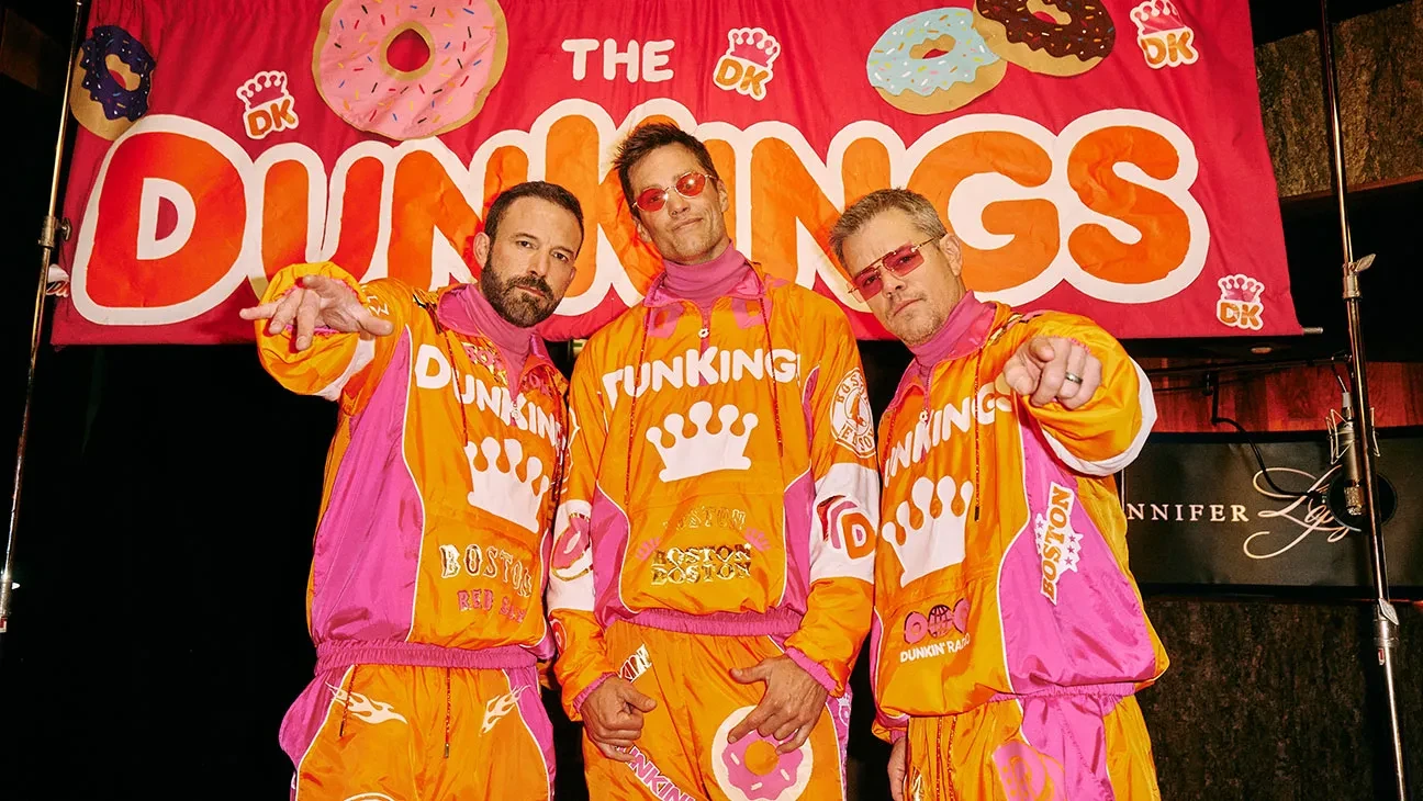 Ben Affleck, Tom Brady and Matt Damon filming Dunkin Donuts' Super Bowl advertisement