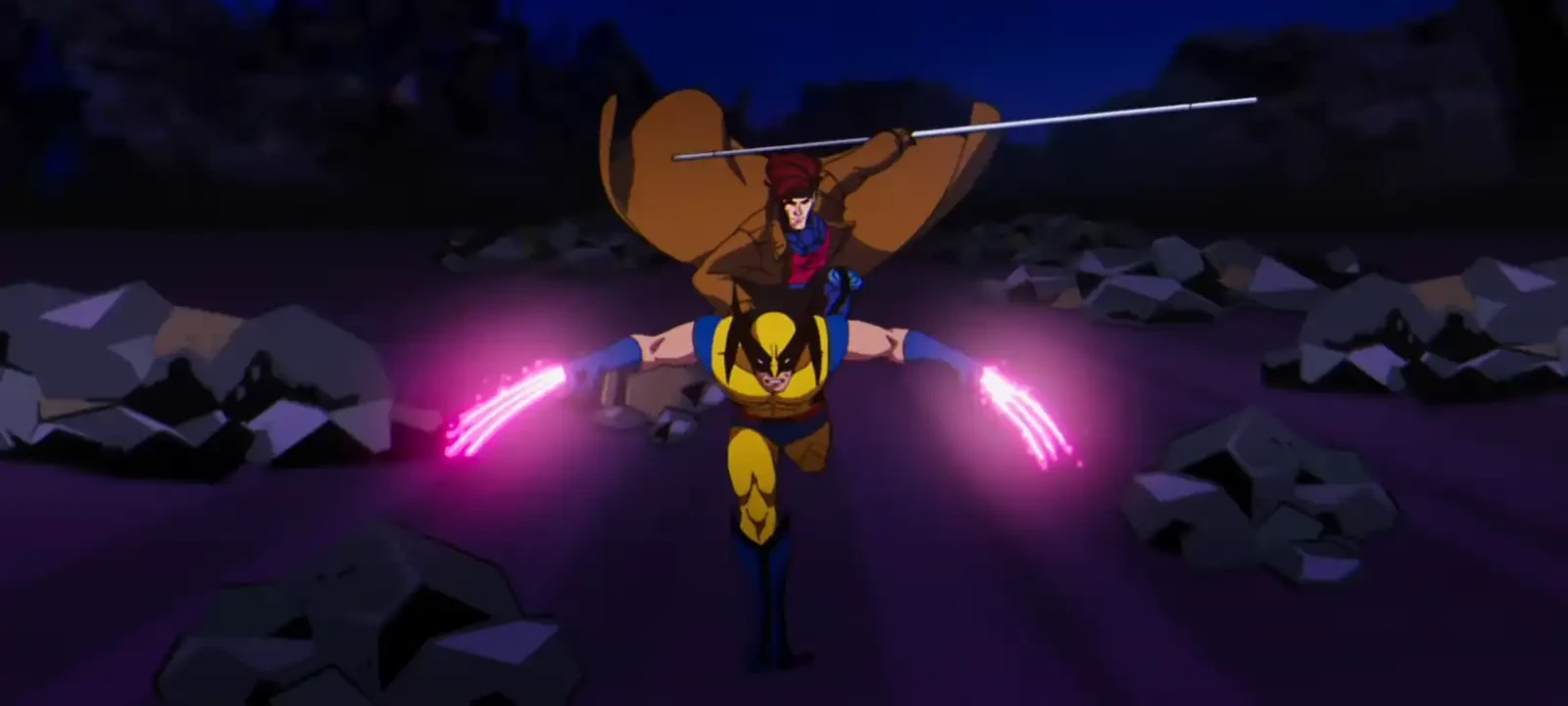 Wolverine and Gambit charging into battle in Marvel's X-Men '97