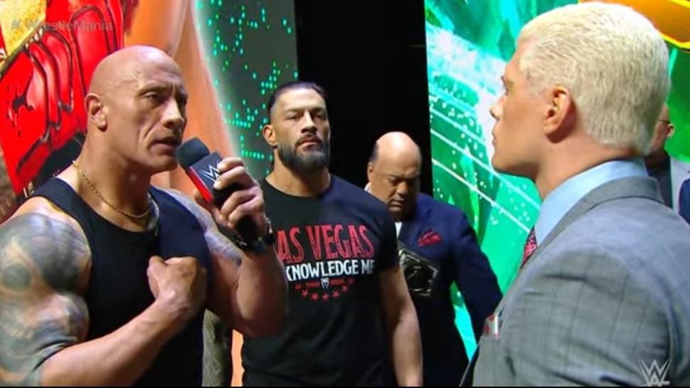 Dwayne Johnson, Roman Reigns and Cody Rhodes in a still from WrestleMania 40 Kickoff event