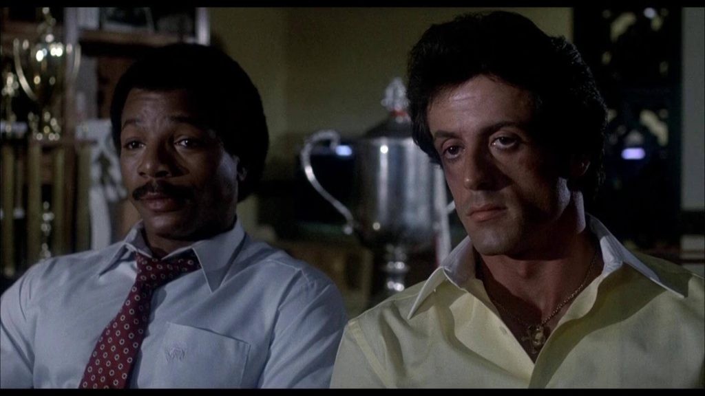 Carl Weathers and Sylvester Stallone in a still from Rocky III