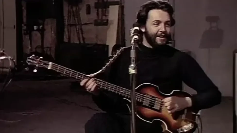 Paul McCartney with his Höfner bass in a clip from the 2021 Get Back documentary