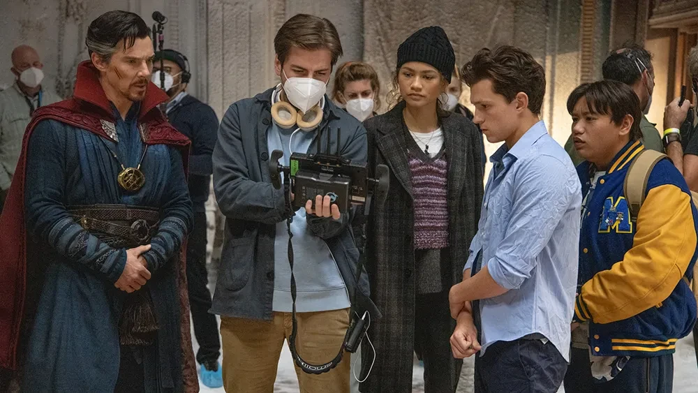 Jon Watts along with the actors on the sets of Spider-Man: No Way Home