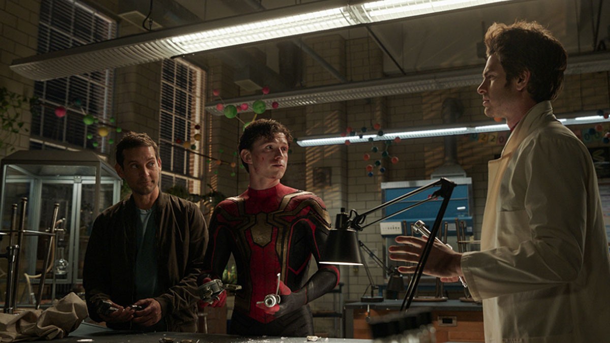 Tobey Maguire, Tom Holland, and Andrew Garfield in a still from Spider-Man: No Way Home | Marvel Studios