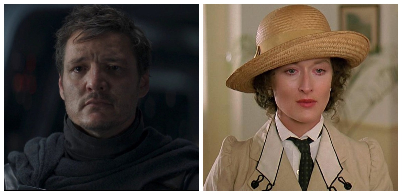 Pedro Pascal in The Mandalorian and Meryl Streep in Out of Africa