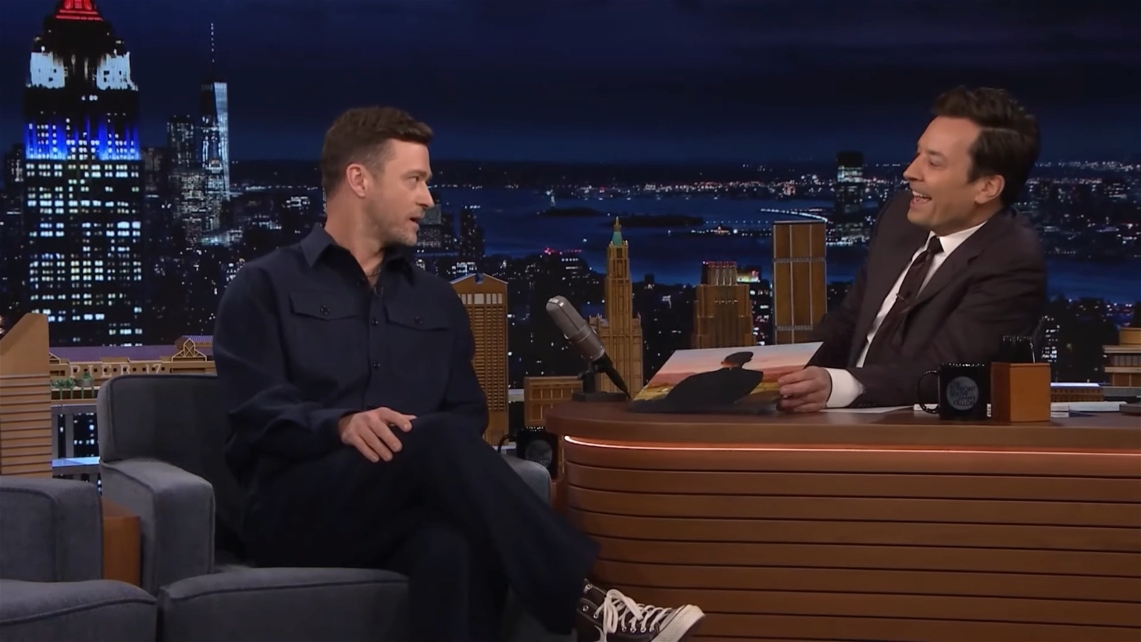 Justin Timberlake and Jimmy Kimmel sitting for an interview