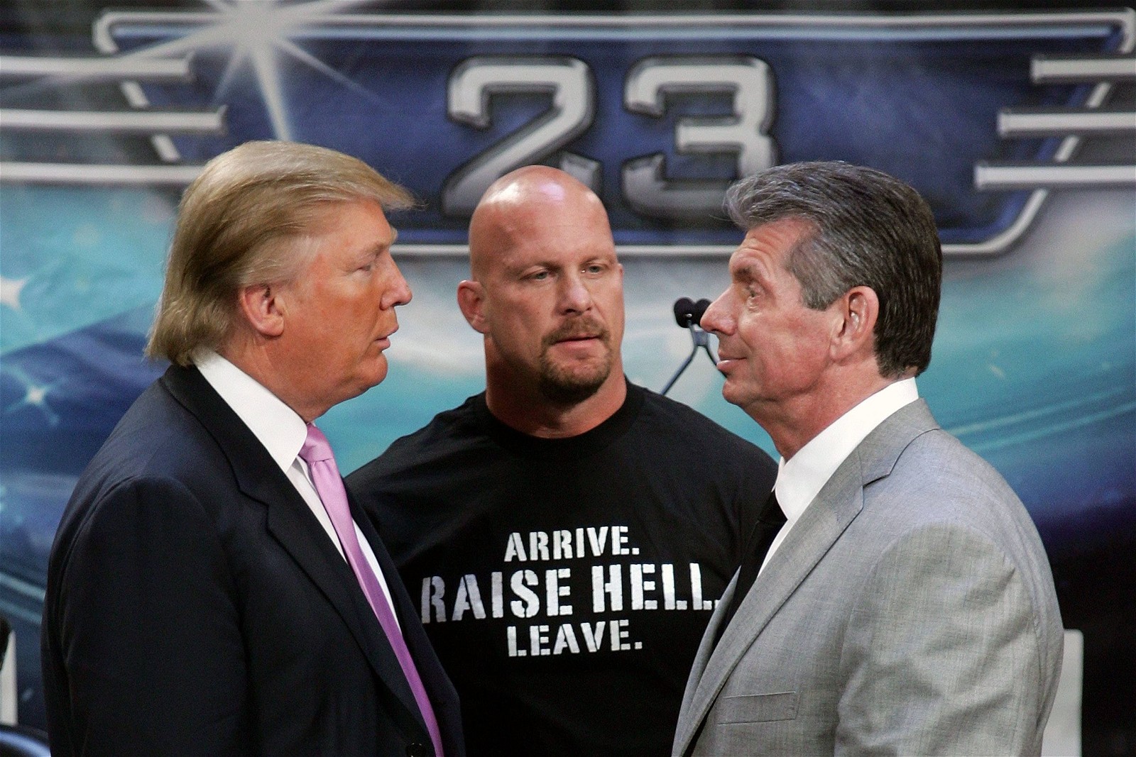 Donald Trump and Vince McMahon along with Steve Austin during a press conference before the WrestleMania 23 match