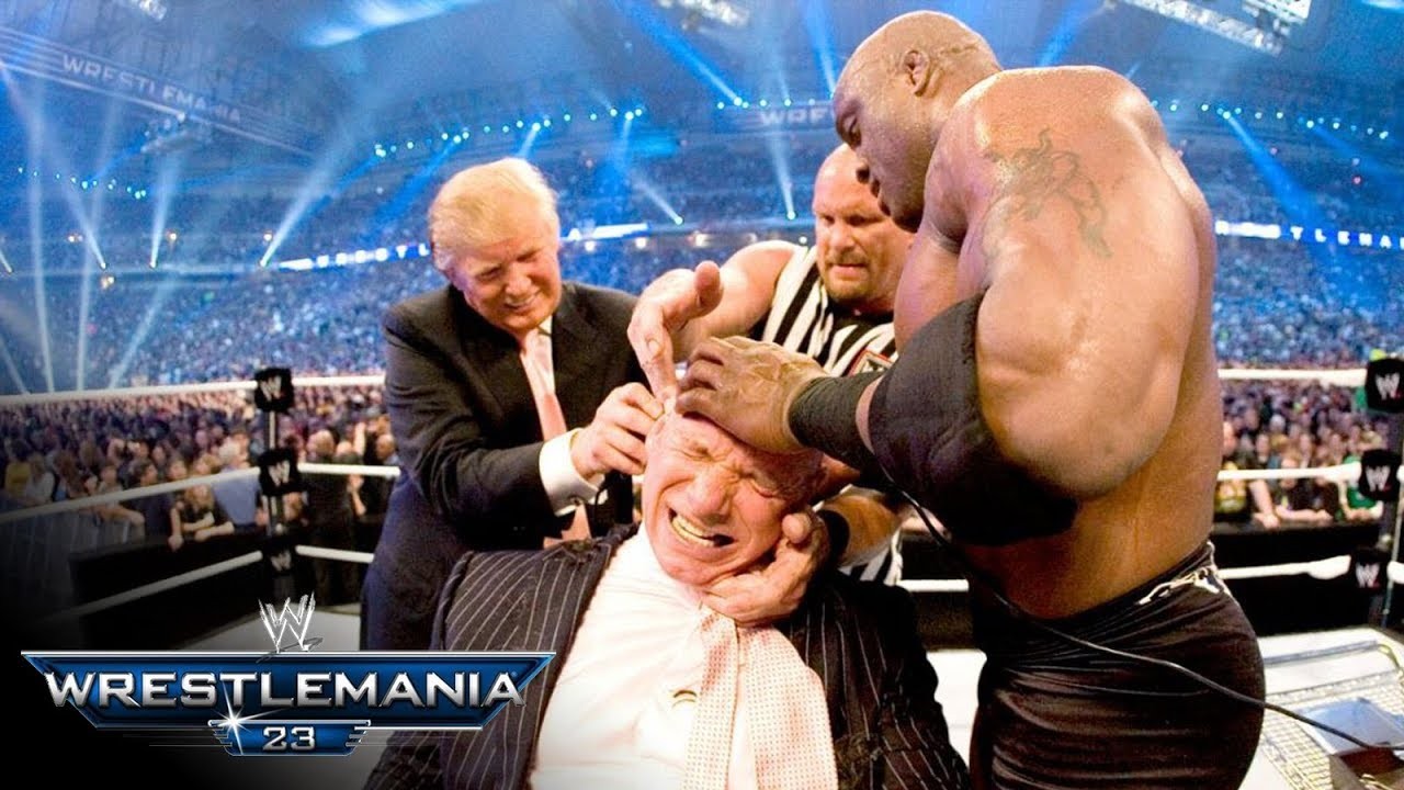 Donald Trump, Steve Austin, and Bobby Lashley forcibly shaving Vince McMahon