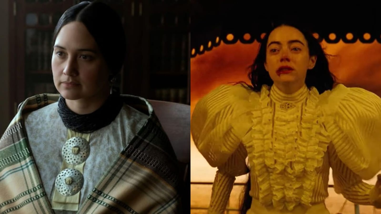 Lily Gladstone in Killers of the Flower Moon (left) and Emma Stone in Poor Things (right)