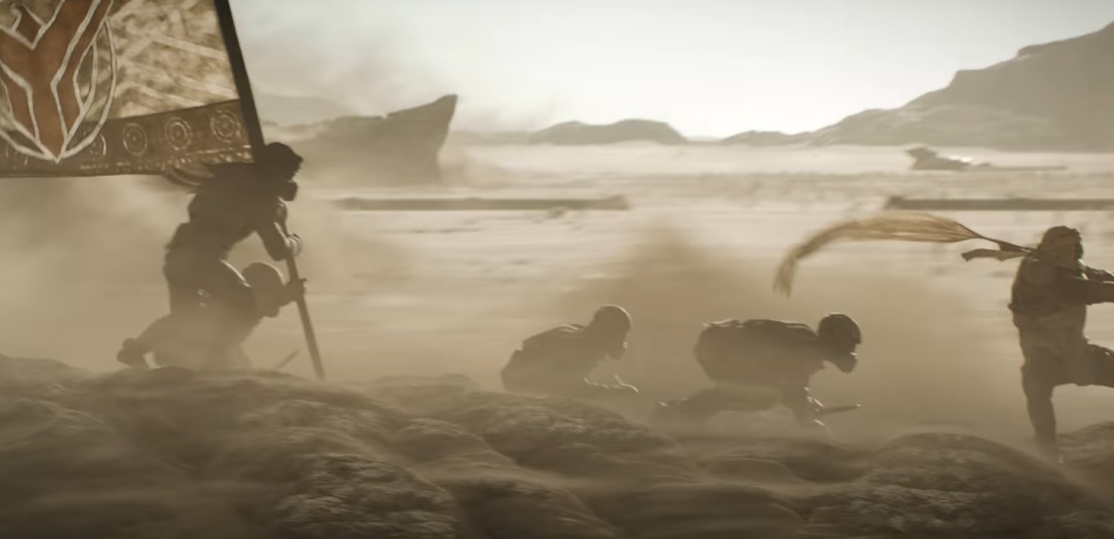Fremen warriors riding sandworms in Dune: Part Two